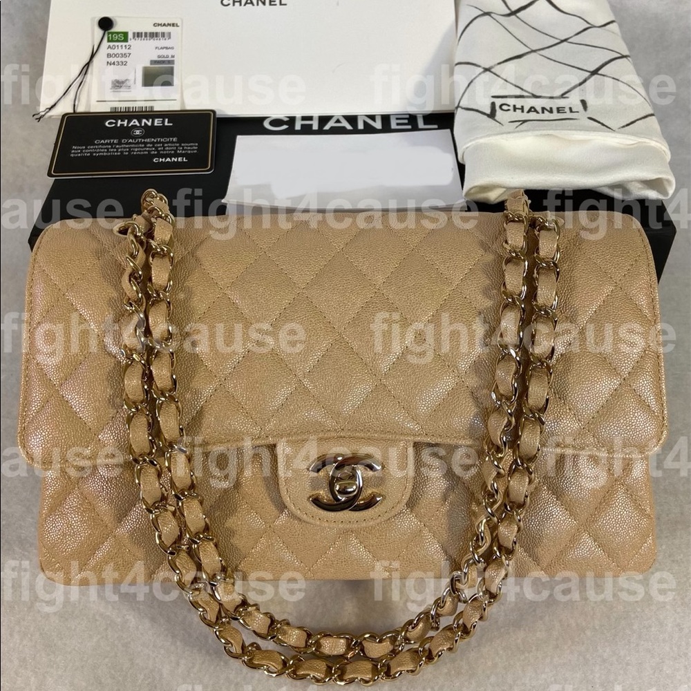 SOLD! Classic Medium Flap Iridescent Beige Caviar